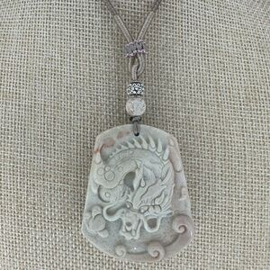 Coral Fossil Dragon Pendant Necklace with Silver Accent on Rope